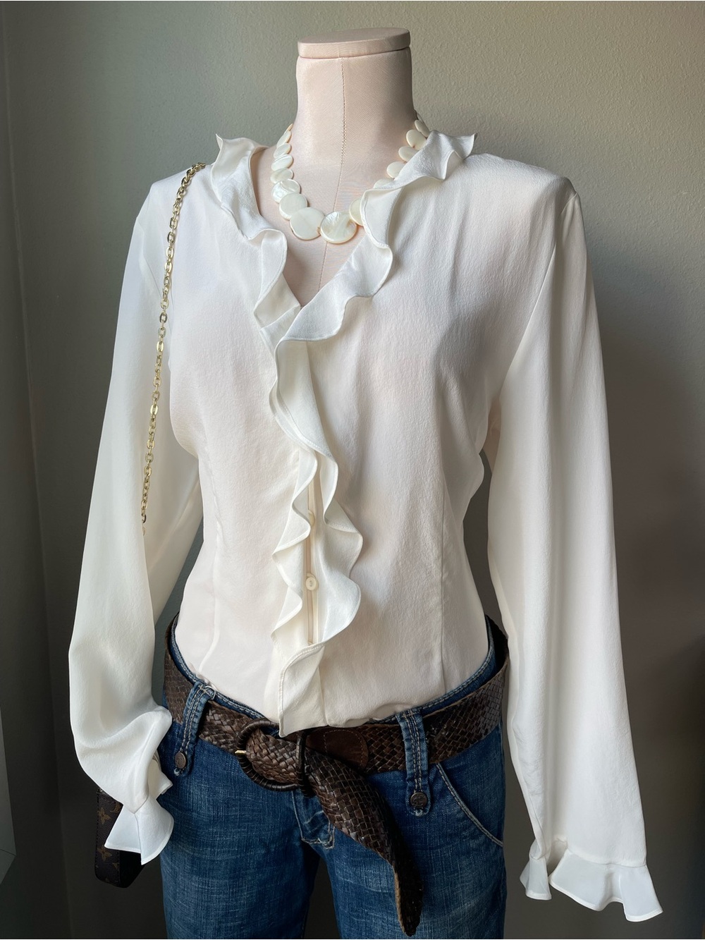 100% silk sunny leigh women’s ruffle collar button down blouse